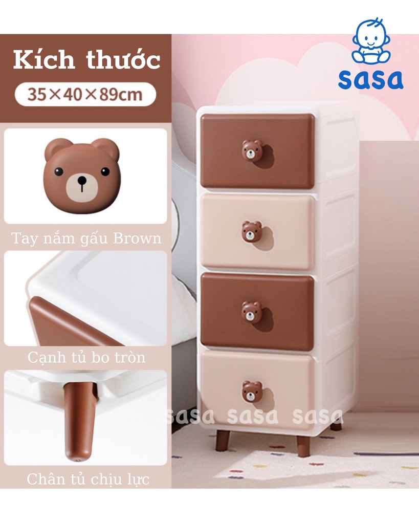 Tủ kệ nhựa gấu nâu Brown ngăn kéo đựng quần áo, bỉm sữa, đồ dùng CAYABE cho bé và gia đình 3 - 4 - 5 tầng