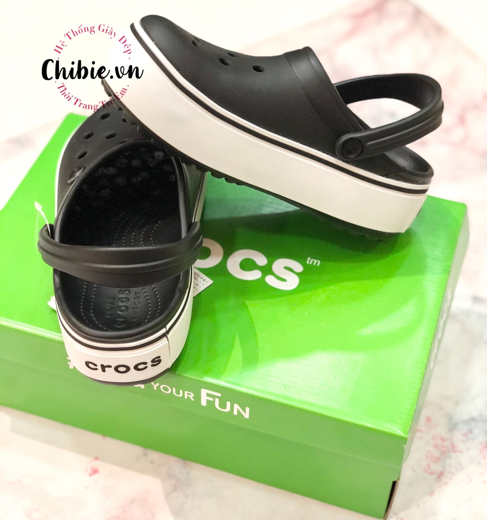 Dép cá sấu Crocs Band đế cao màu đen viền trắng