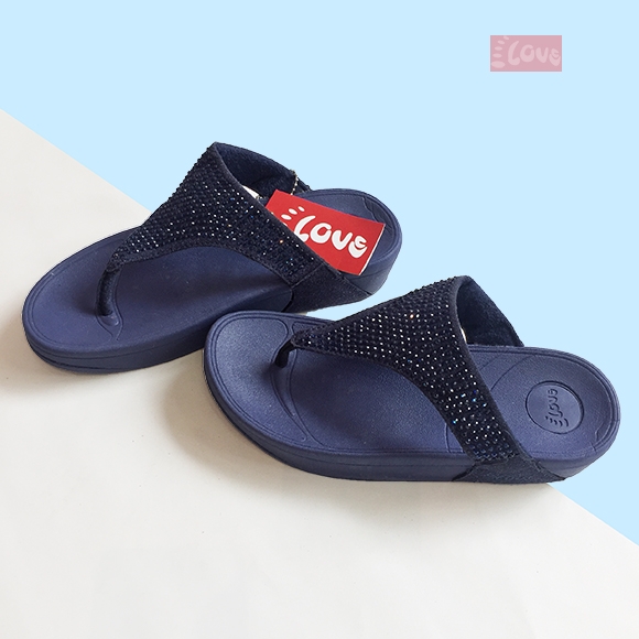 Dép kiểu nữ Feetlove cao cấp cao 3 cm - Dép kẹp đính đá xanh đen