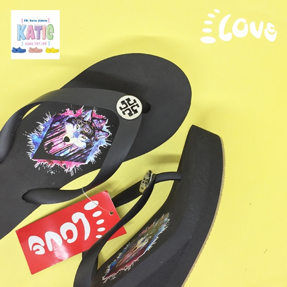 Dép kẹp nữ Feetlove 5 cm đen hình con sói