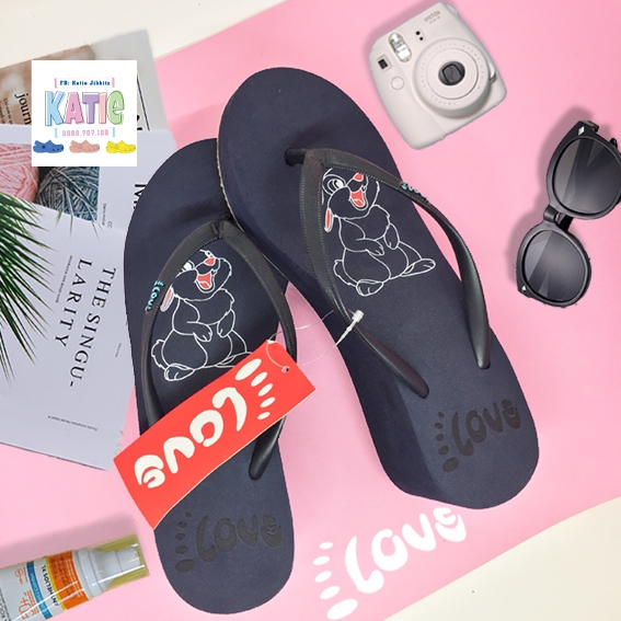 Dép kẹp nữ Feetlove 5 cm xanh đen hình con thỏ