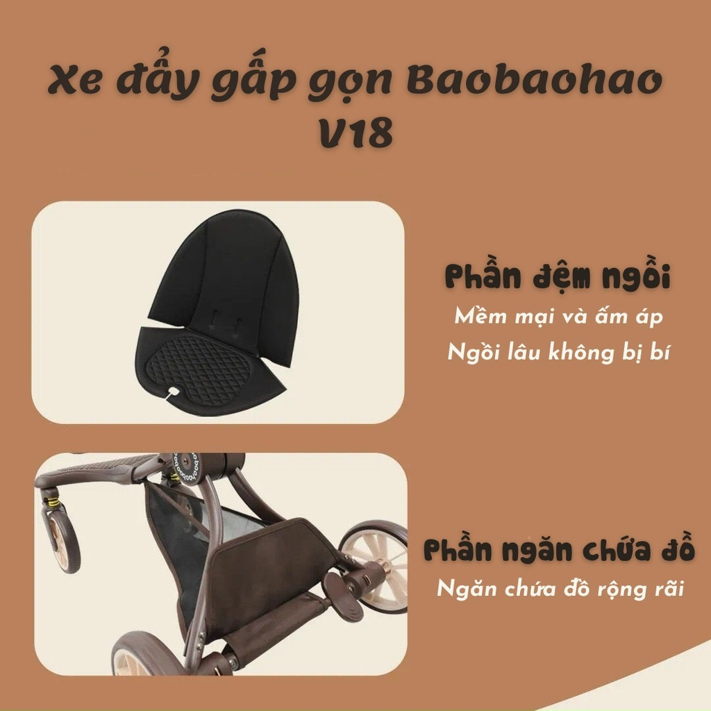 Xe đẩy em bé 2 chiều Baobaohao V18 gấp gọn, có mái che màu nâu socola