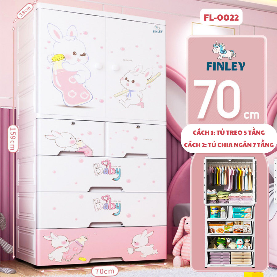 Tủ nhựa cho bé 5 - 6 - 7 tầng FINLEY thỏ hồng Baby (Size lớn ngang 70