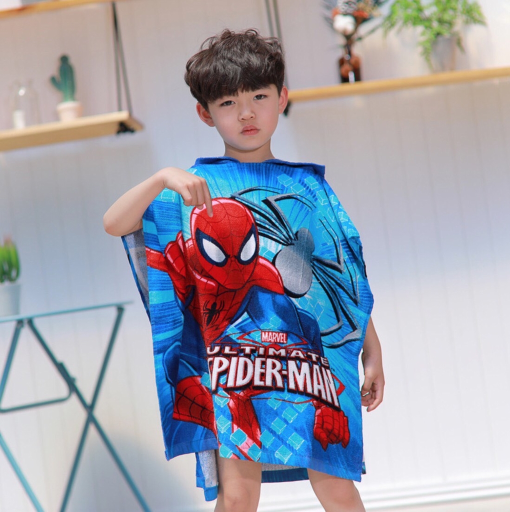 Khăn tắm choàng cho bé người nhện Spiderman có mũ trùm đầu màu xanh dương