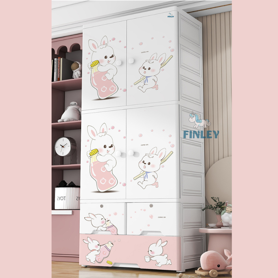 Tủ nhựa cho bé và người lớn 4 cánh FINLEY thỏ hồng 6 tầng (SIZE LỚN NGANG 70CM) treo quần áo, đựng đồ chơi, đồ dùng gia đình FL-0017