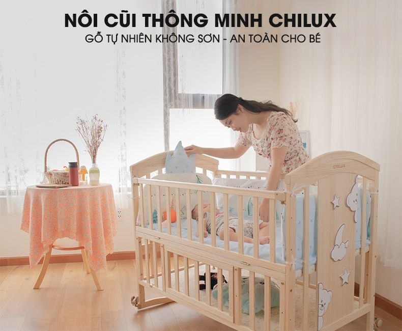 Nôi cũi em bé gấu con Teddy Bear đa năng 6 trong 1 CHILUX PEACE màu gỗ