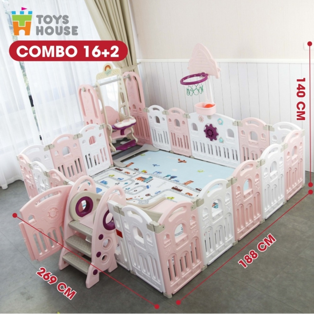 Combo quây 5in1: thảm- quây- cầu trượt - xích đu - bóng rổ Toyshouse WM19086+6 (16+2) màu xanh