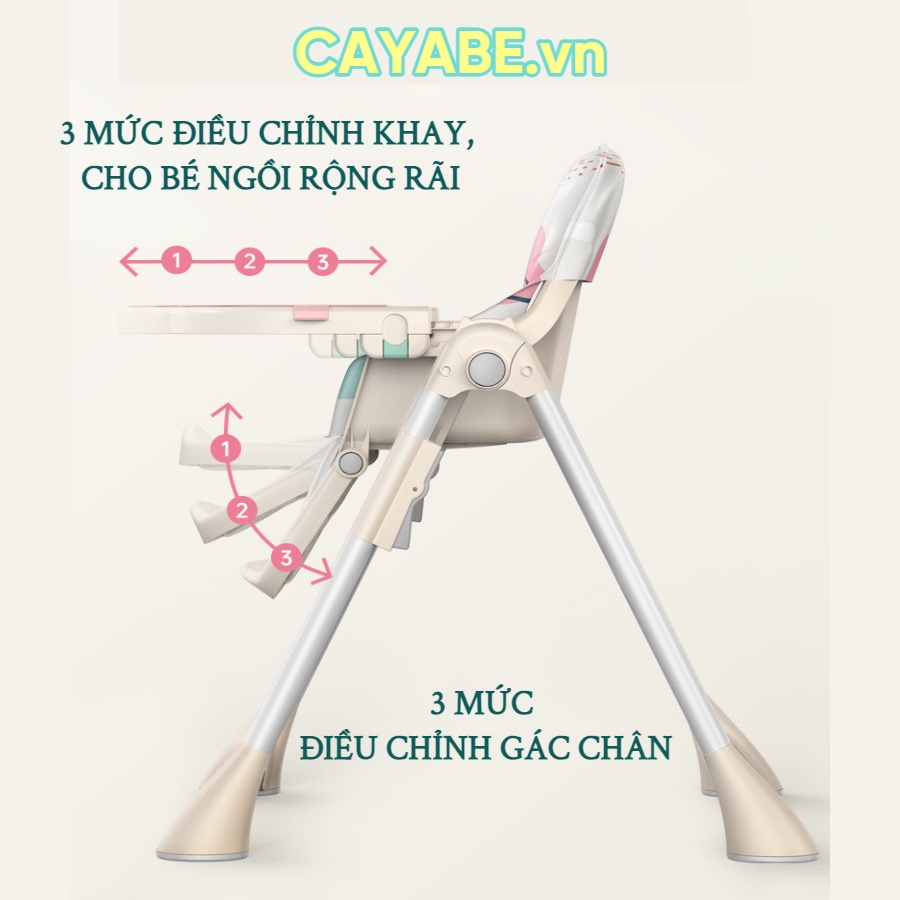 Ghế ăn dặm cho bé gấp gọn CAYABE Lux 6 mức điều chỉnh độ cao, có bánh xe, đệm êm ái màu xanh dương