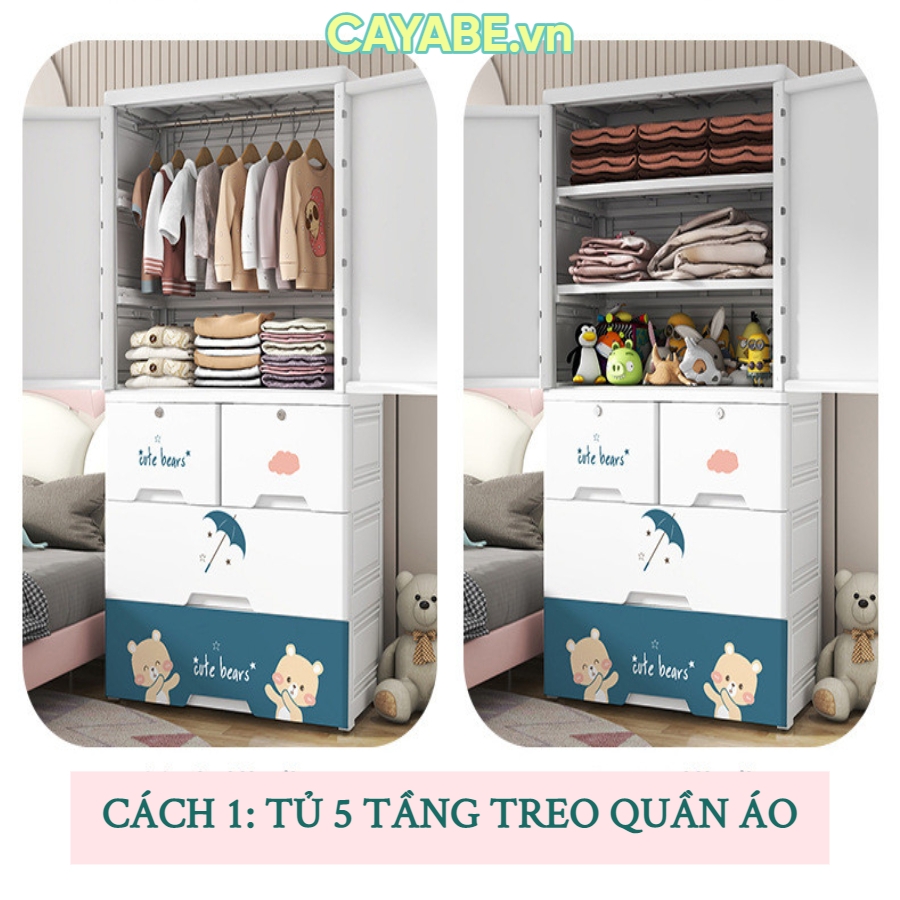 Tủ nhựa cho bé 5 - 6 - 7 tầng CAYABE gấu Hello xanh treo quần áo, đựng đồ chơi, đồ dùng cho gia đình - Size lớn ngang 70 cm