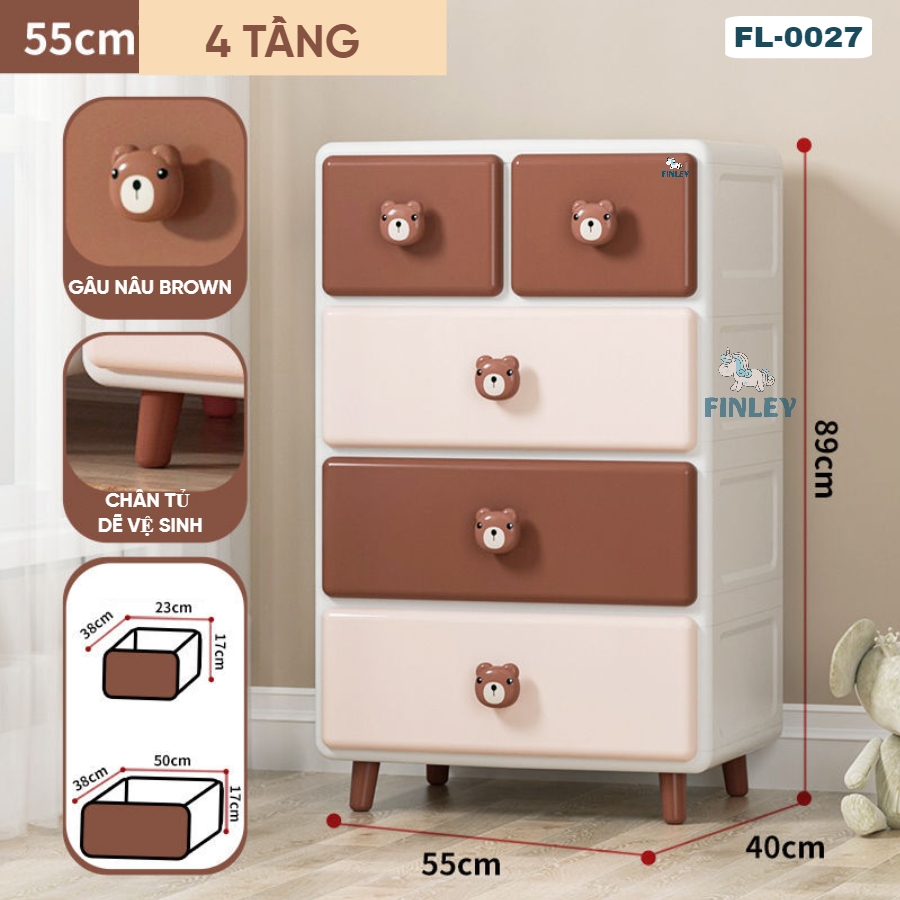 Tủ kệ nhựa 4 - 5 - 6 tầng gấu nâu Brown ngăn kéo FINLEY (size L ngang 55cm) đựng quần áo, bỉm sữa, đồ dùng CAYABE cho bé và gia đình