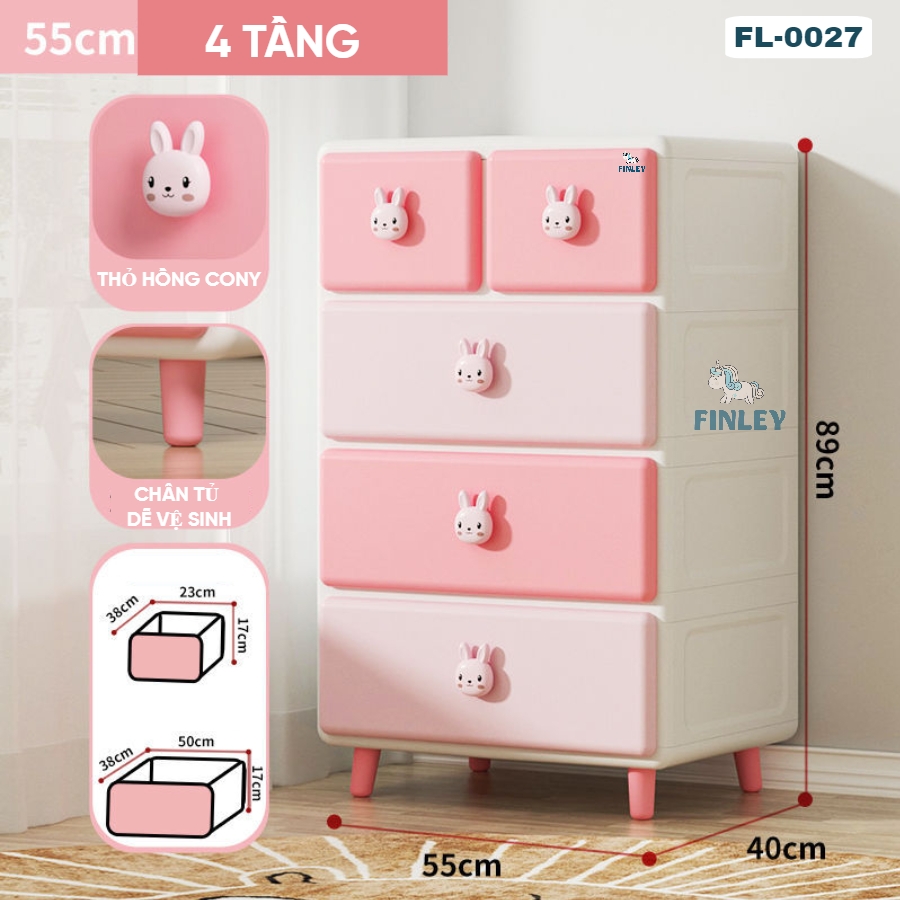 Tủ kệ nhựa 4 - 5 - 6 tầng thỏ hồng Cony ngăn kéo FINLEY (size L ngang 55cm) đựng quần áo, bỉm sữa, đồ dùng CAYABE cho bé và gia đình