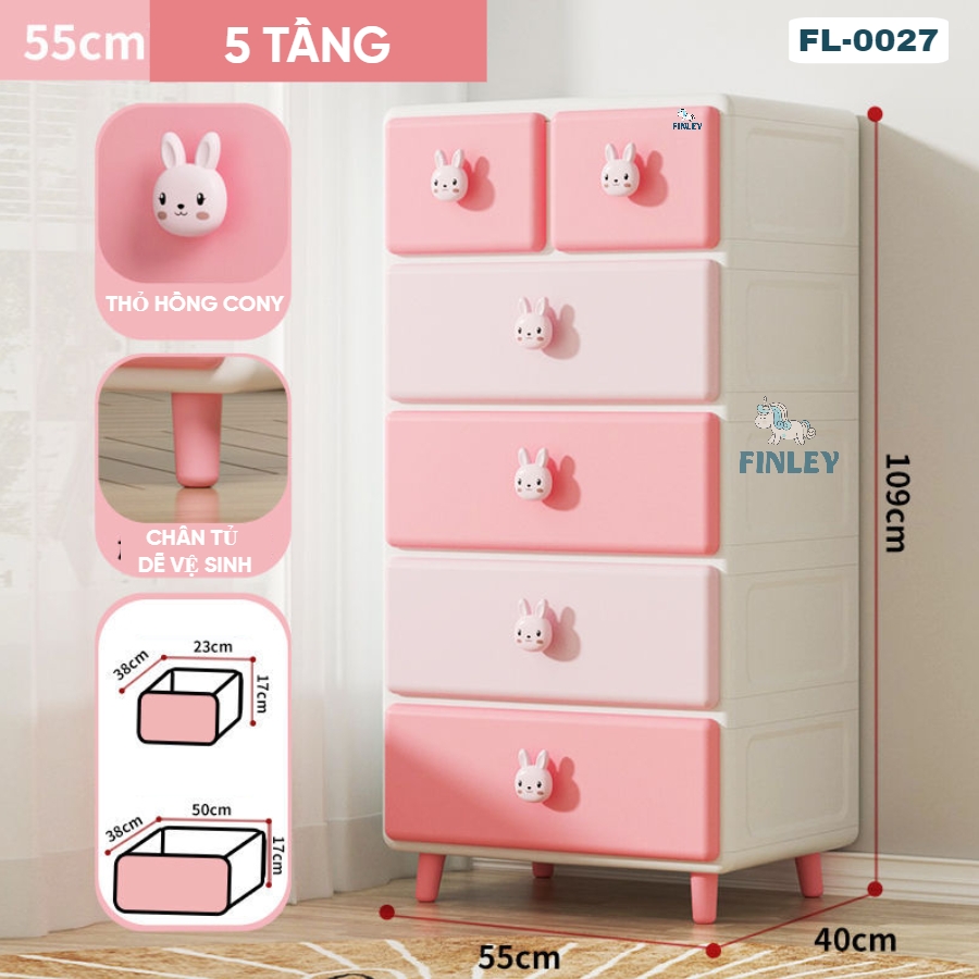 Tủ kệ nhựa 4 - 5 - 6 tầng thỏ hồng Cony ngăn kéo FINLEY (size L ngang 55cm) đựng quần áo, bỉm sữa, đồ dùng CAYABE cho bé và gia đình