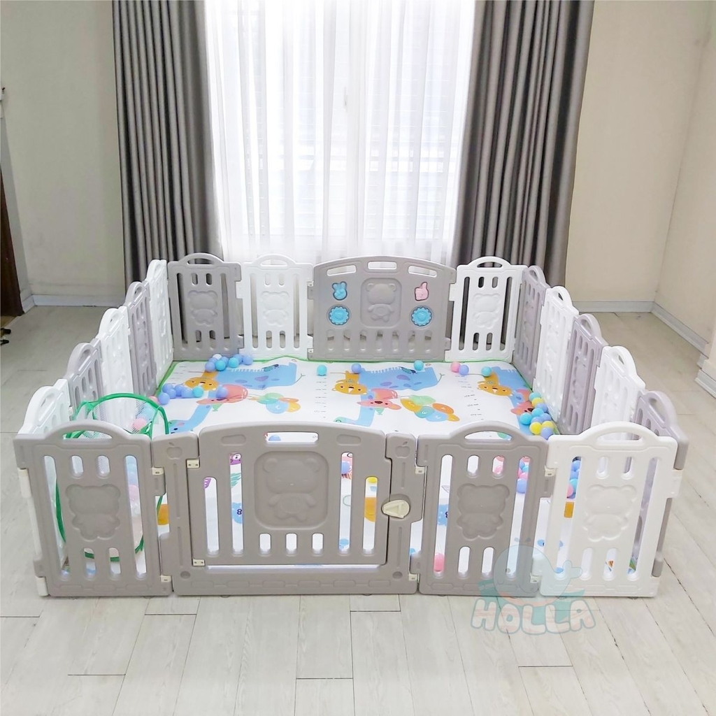 Quây cũi nhựa gấu con Teddy Bear CAYABE Holla cho bé tặng kèm thảm, bóng màu trắng nâu (size M - 190x190 cm)