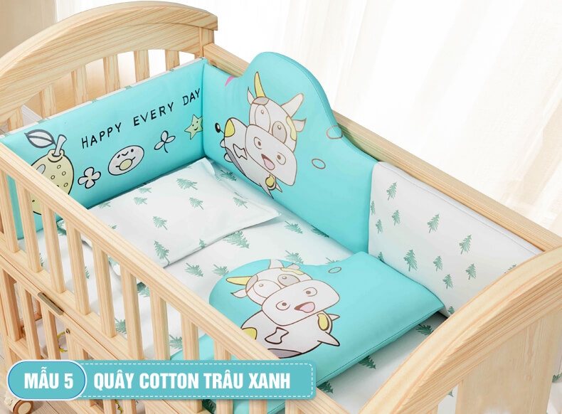 Set quây vải cotton cho nôi cũi em bé Chilux 7 món (4 mặt quây, áo và ruột gối nằm, đệm bông lót cotton)