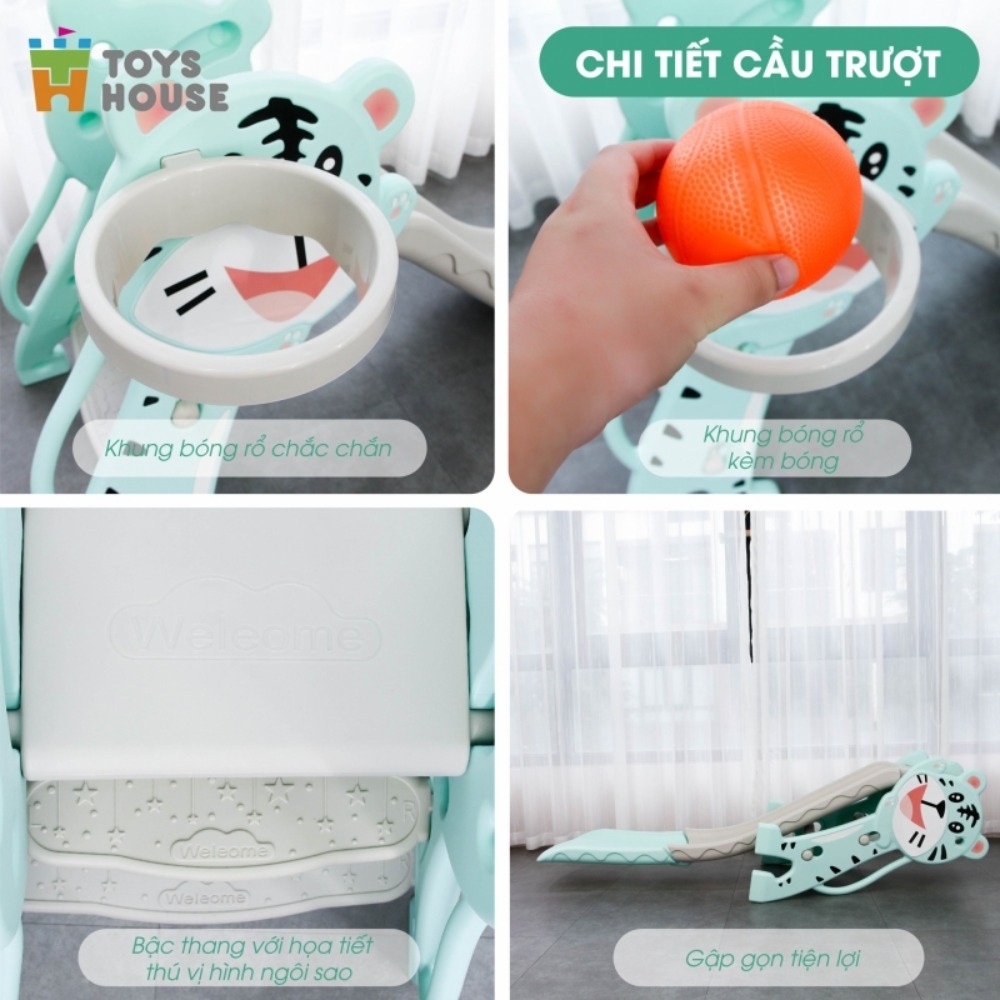 Cầu trượt kèm khung bóng rổ hình Hổ cho bé màu xanh bạc hà Toys House WM19024-M