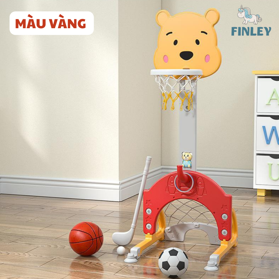 Bộ đồ chơi vận động cầu gôn - bóng rổ - bóng đá - ném vòng FINLEY cho bé 5 in 1 gấu Pooh màu vàng - xanh lá - FL-0050