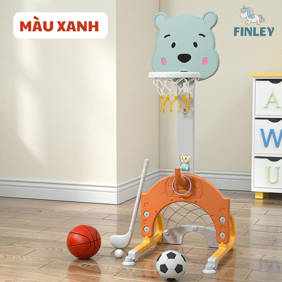 Bộ đồ chơi vận động cầu gôn - bóng rổ - bóng đá - ném vòng FINLEY cho bé 5 in 1 gấu Pooh màu vàng - xanh lá - FL-0050