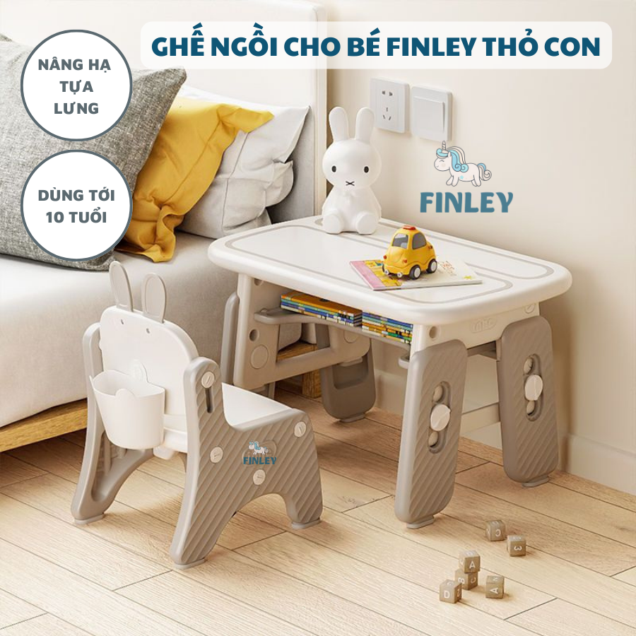 Ghế nhựa cho bé mầm non FINLEY hình thỏ con Rabbit cho bé ngồi học, vẽ, ăn và chơi màu trắng xám - FL-0043