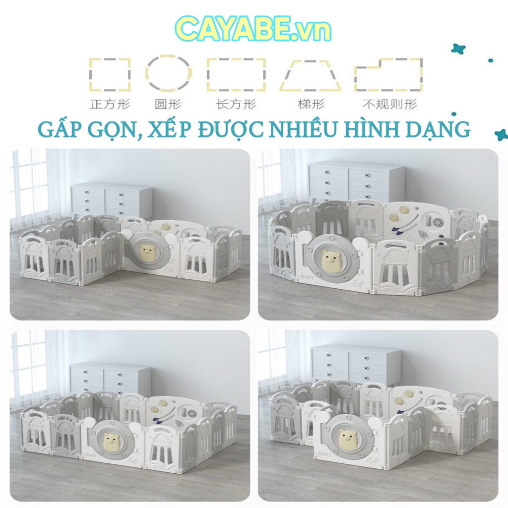 Quây cũi nhựa cho bé gấp gọn CAYABE gấu Bear phi hành vũ trụ cùng tên lửa màu xám trắng (tặng kèm thảm, bóng)