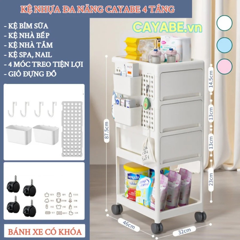 Kệ nhựa 4 tầng đựng quần áo, đồ dùng, bỉm sữa cho bé đa năng CAYABE có bánh xe và móc treo, kệ xe đẩy spa, kệ nhựa nhà bếp, kệ nhựa nhà tắm màu xanh pastel