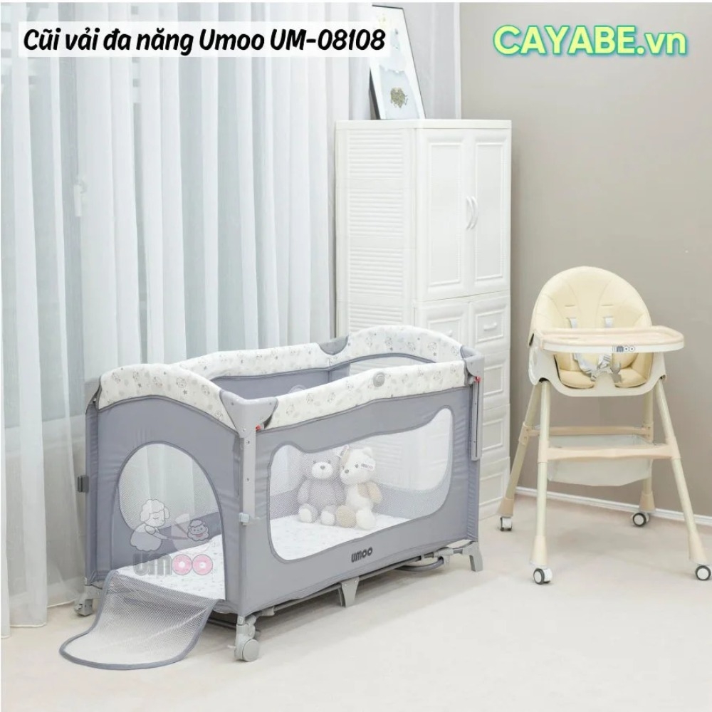 Nôi cũi vải cho bé gấp gọn Umoo UM-08108 hình cừu con đa năng - hạ thành 3 mức làm nôi cạnh giường, bập bênh, có bánh xe