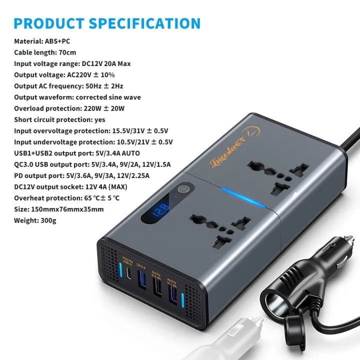 Bộ tẩu sạc đổi nguồn 12V/24V sang 220V AEMEKU cho ô tô công suất 200W