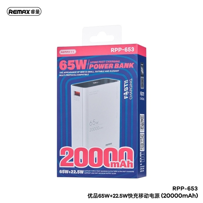 Pin dự phòng 20000mAh Remax RPP-653 sạc được laptop, hỗ trợ PD 65W và QC 22.5W