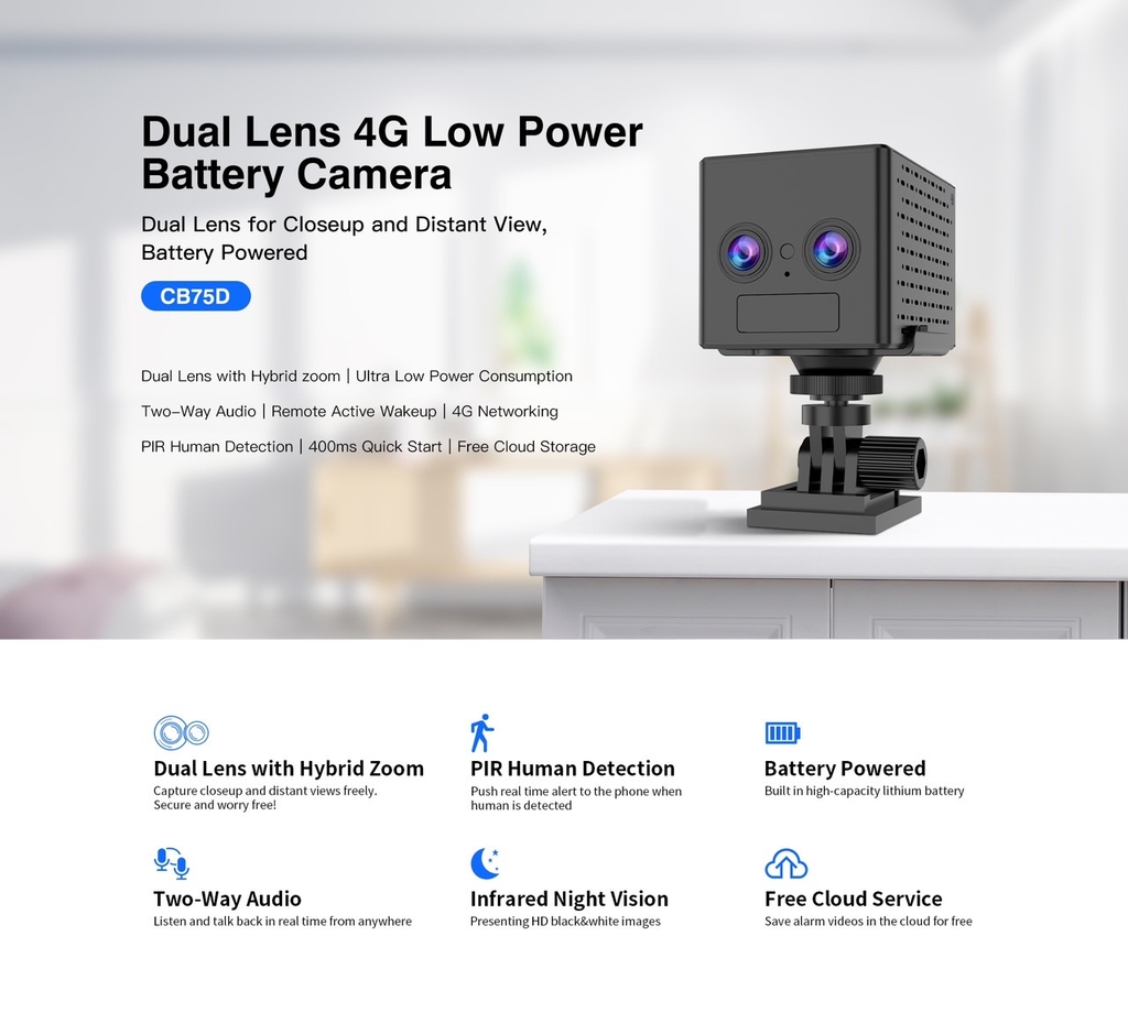 Camera 4g dùng sim Vstarcam CB75D pin sử dụng đến 10 ngày, ống kính kép zoom 6x, đàm thoại 2 chiều