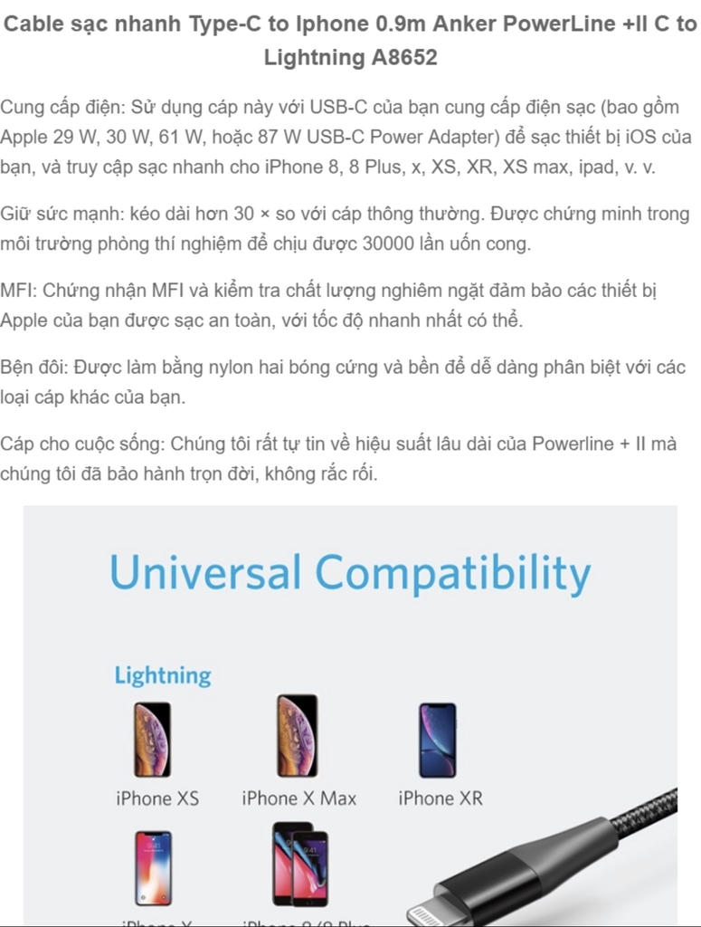 Cáp Anker Powerline +II C to Lightning A8652 0.9m