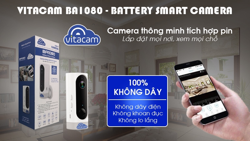 VITACAM BA1080 - CAMERA THÔNG MINH TÍCH HỢP PIN - FULLHD 1080 - GÓC RỘNG 130 ĐỘ