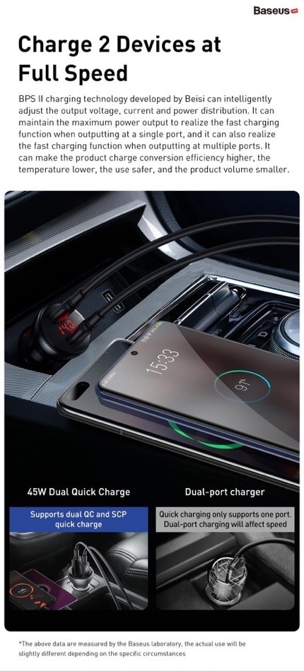 Tẩu sạc nhanh Baseus Digital Display Dual 45W