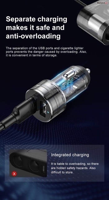 Tẩu sạc đa năng 1 chia 2 tẩu sạc 3.1A chính hãng Baseus