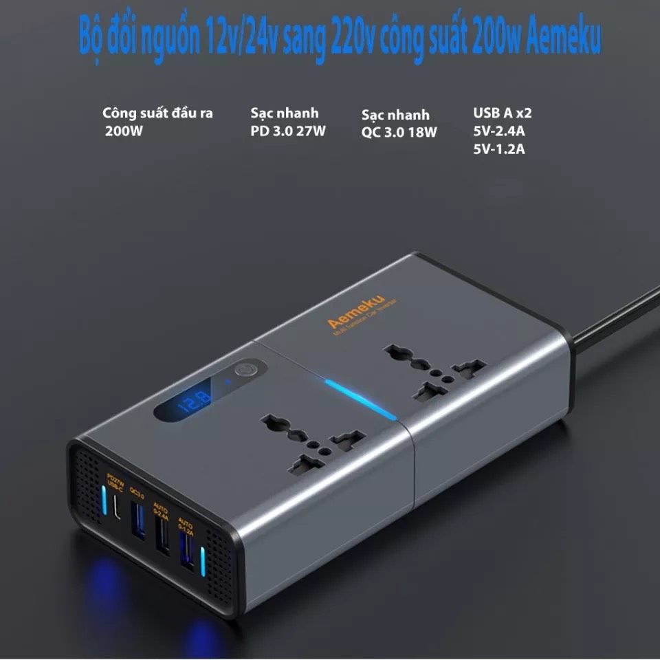 Bộ tẩu sạc đổi nguồn 12V/24V sang 220V AEMEKU cho ô tô công suất 200W