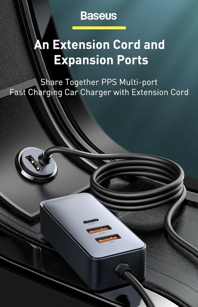 Tẩu sạc siêu nhanh 120W Baseus Share Together PPS multi-port Fast charging car charger with extension cord