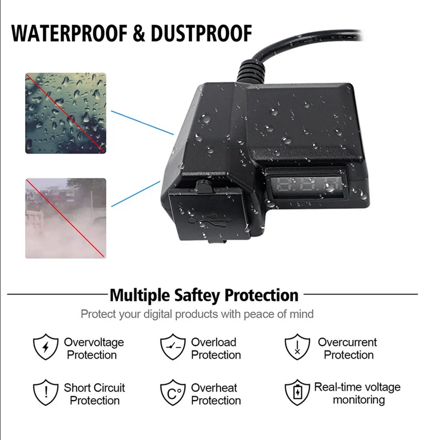 Bộ sạc điện thoại gắn xe máy 2 cổng USB có màn hình LED