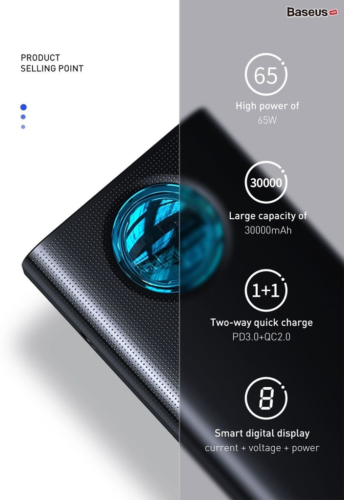 Pin sạc dự phòng công suất cao Baseus Amblight Digital Display Quick Charge Power Bank 65W, 30000 mAh