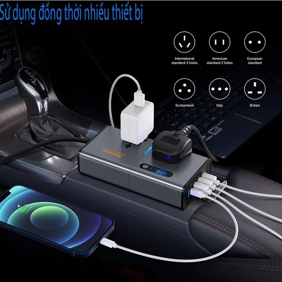 Bộ tẩu sạc đổi nguồn 12V/24V sang 220V AEMEKU cho ô tô công suất 200W