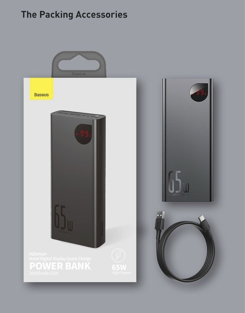 Pin dự phòng sạc nhanh Baseus Adaman Metal 65W, 20000mAh, QC3.0/ PD3.0/ SCP/ AFC