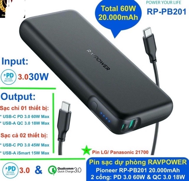 Sạc dự phòng Ravpower PD Pioneer 20000mAh 60W