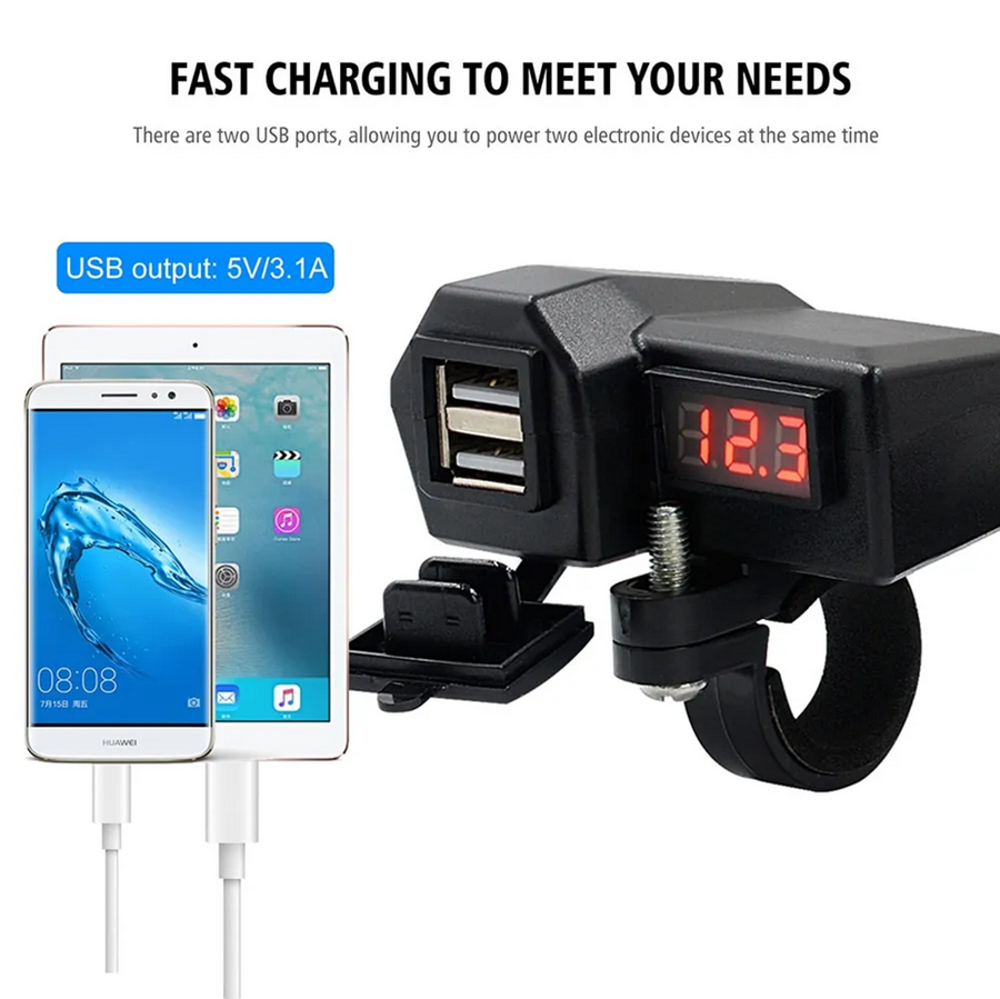 Bộ sạc điện thoại gắn xe máy 2 cổng USB có màn hình LED