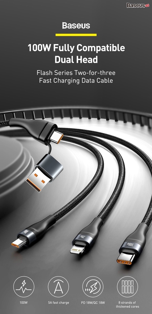 Cáp sạc nhanh 3 đầu Baseus Flash Series 3 in1 Plus (USB+ Type C to Micro+Lightning + Type C, 100W Quick Charge and Data Cable)