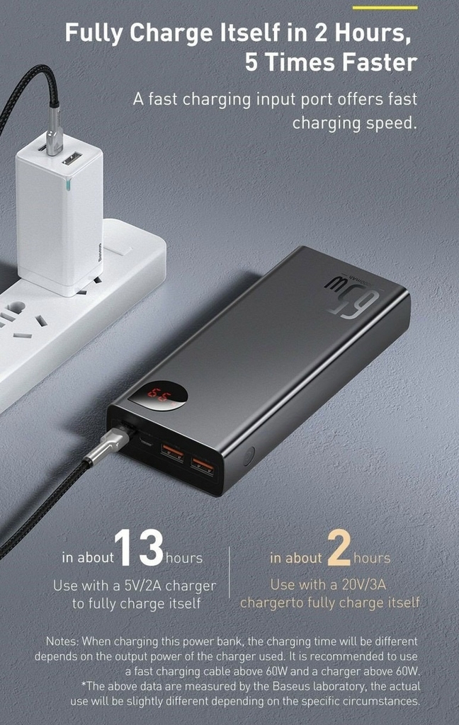 Pin dự phòng sạc nhanh Baseus Adaman Metal 65W, 20000mAh, QC3.0/ PD3.0/ SCP/ AFC