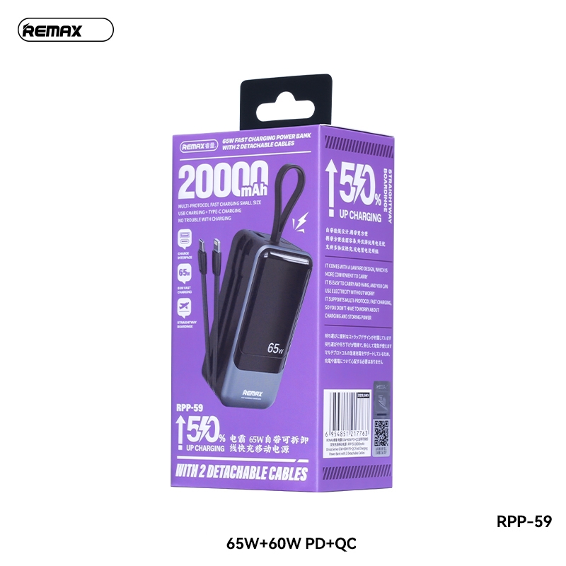 Pin sạc dự phòng kèm cáp 20000mAh 65W Remax RPP-59