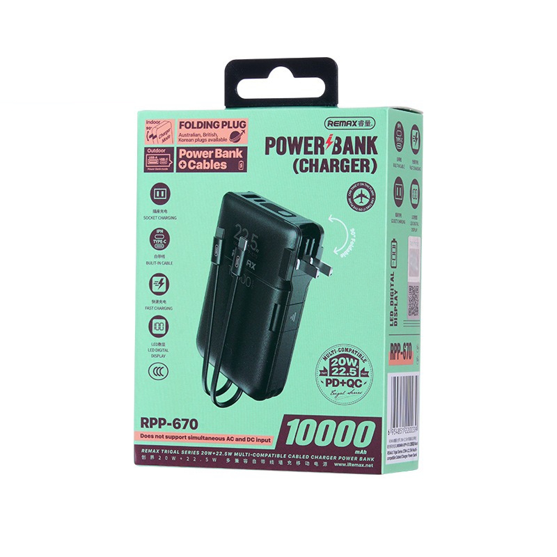 Pin sạc dự phòng đa năng kiêm củ sạc 10000mah 22.5W Remax RPP-670