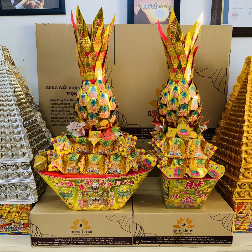 Tháp Thuyền Thơm Tài Lộc nhũ vàng bóng gương dùng cho mâm cúng đầy tháng khai trương
