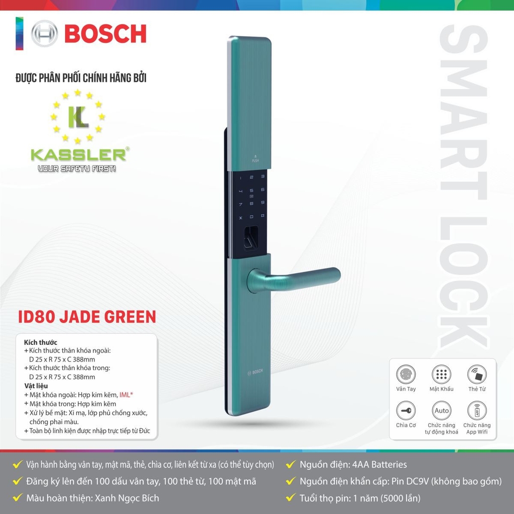 Khóa Điện Tử BOSCH ID80 JADE GREEN APP