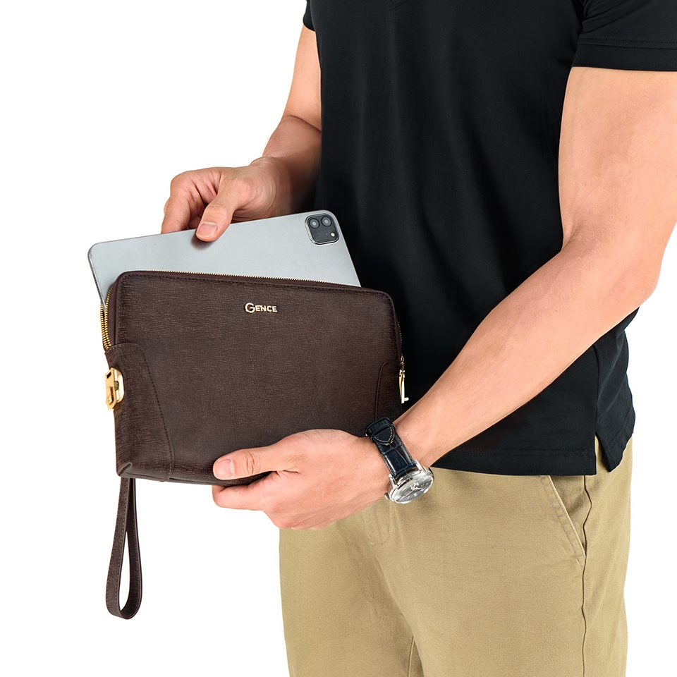 Clutch cầm tay da bò saffiano chà nâu CK11