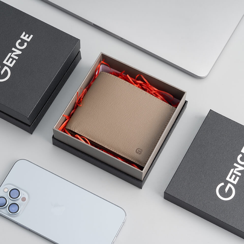 [Handmade] Ví nam da bò Epsom cao cấp màu be HM01