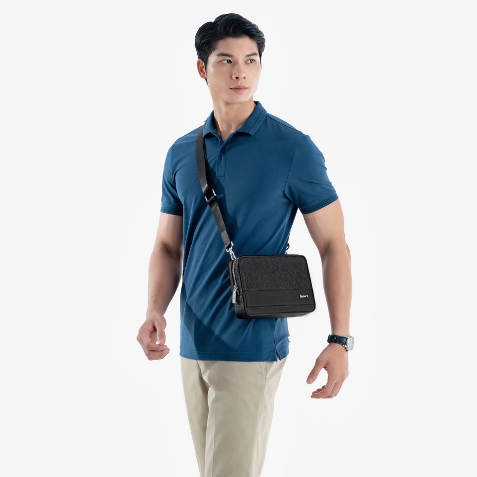 Túi cầm tay nam Gence đeo chéo da bò Mill TC02 Đen