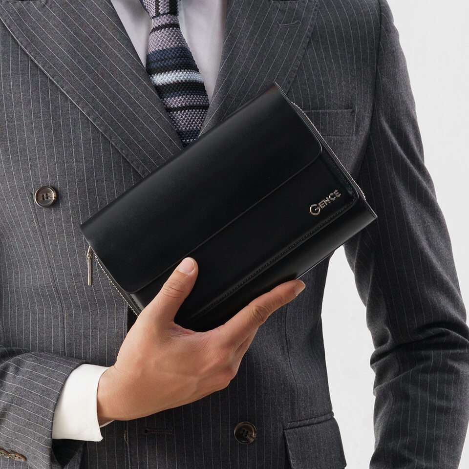 Ví cầm tay nam da bò Box màu đen 1 khóa HT04